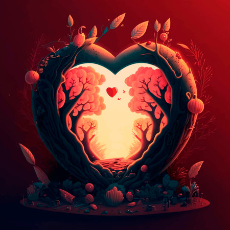 Fantasy heart shape with plants and flowers. 3D vector illustration. Frameの写真素材