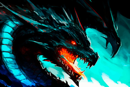 Dragon head in blue, red and black colors. Mythological creature. Fantasy monster. Ancient reptile....