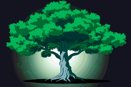 Large majestic green tree on a dark background. Vector illustrationの写真素材