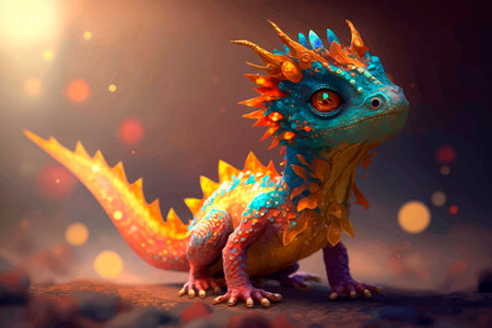 Multicoloured cute little baby dragon. Fantasy monster. Colorful bright 3d vector illustration.の写真素材