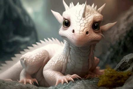 Super cute white little baby dragon without wings. Fantasy monster. 3d vector illustration.
