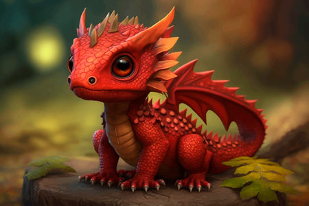 Cute red little baby dragon without wings. Fantasy monster. 3d vector illustration.の写真素材