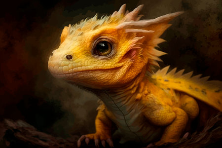 Head small yellow dragon. little baby dragon. Fantasy monster. 3d vector illustration.の写真素材