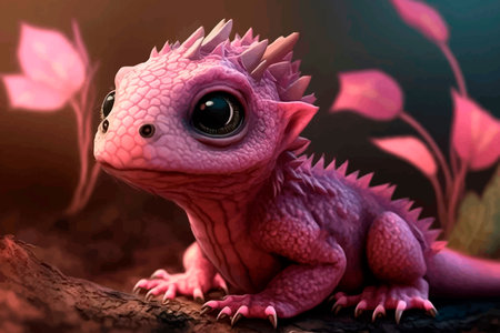 Cute pink little baby dragon without wings. Fantasy monster. 3d vector illustration.の写真素材