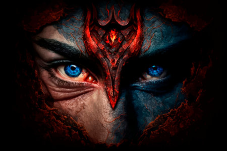 Frightening look. The devil's gaze. Satan's gaze. Scary eyes. Bright blue. Danger. Fear. Halloween....