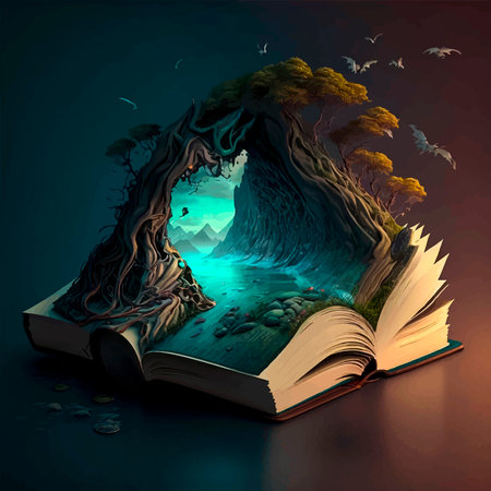 Open book with magical forest in the shape of a tree and flying bats. Fantastic landscape with a blue river. Colorful 3d illustrationの写真素材