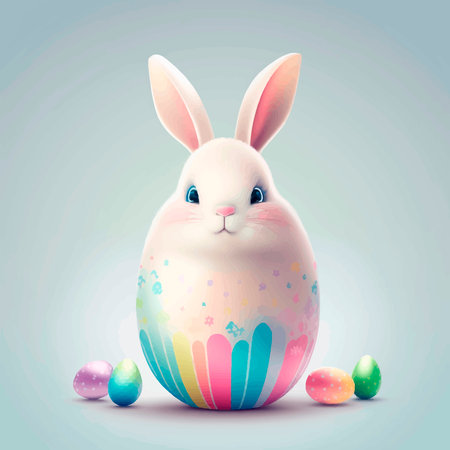 Cute Easter bunny with colorful eggs on light background. Colorful 3d vector illustrationの写真素材