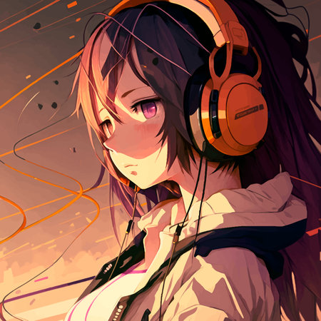 Beautiful sad girl listens to music with headphones. Illustration in anime style. Manga. Vector. Dark tonesの写真素材