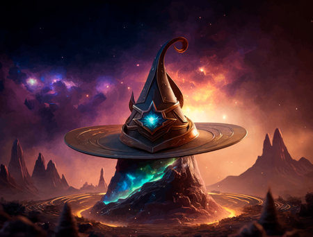 Witch hat. Sorcerer, Wizard hat on background of mountains. Magic item. Artifact. Fantasy colorful 3d illustration. Dark tones. Space designの写真素材