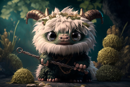 Fairytale fluffy character with horns and a staff in his hands. Fantasy creature with big blue eyes. Monster. King of the Forest. Toy. Shaman. 3d vector illustrationの写真素材