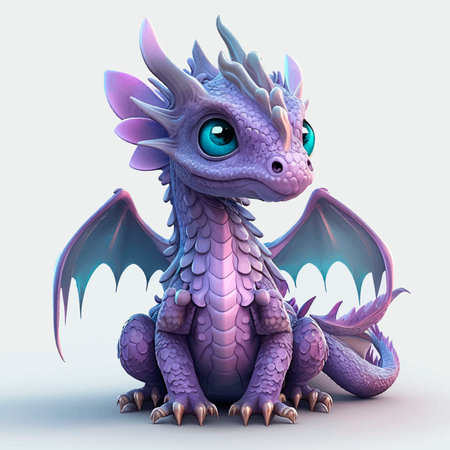 Fantasy purple baby dragon with blue eye. Cartoon character. Mythical creature. 3d vector illustration. Isolated on whiteの写真素材