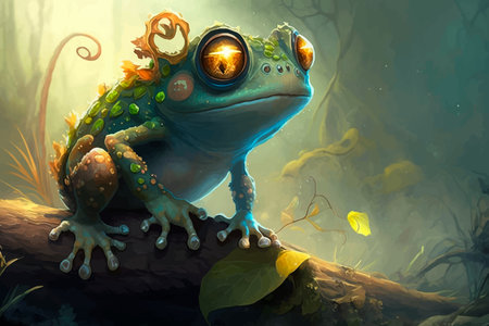 Fantasy frog is sitting on a log in the forest. Colorful 3d illustration. Image. The Magical World....
