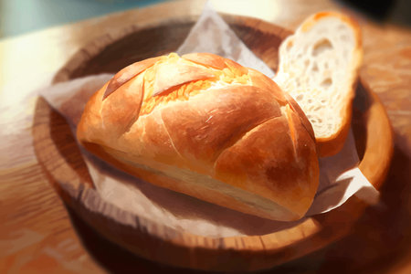 Bread on a wooden plate in the restaurant. Selective focus. Colorful 3d vector illustration.