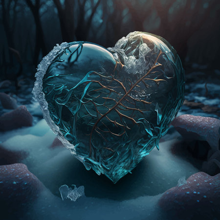Heart of ice with snowflakes in a winter forest. Frosty pattern. Concept loveFantasy 3d illustration. Colorful image.の写真素材