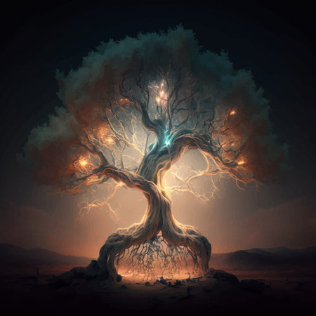 Magical old tree at night in the desert. Fantasy landscape with a glowing tree. Light. 3d illustration. Imageの写真素材