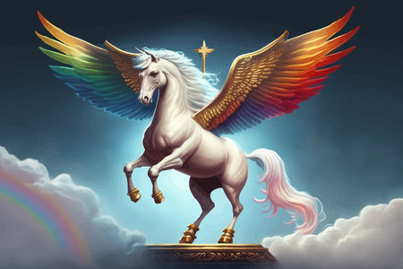 White Pegasus with wings and a cross in the sky. Conceptual image. 3d render. Vector illustration. Fantasy. Legend. Magic. Mythologicalの写真素材