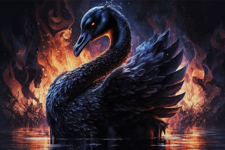 Fantasy Black swan on the background of a fire. 3d render. Vector illustration. Imageの写真素材