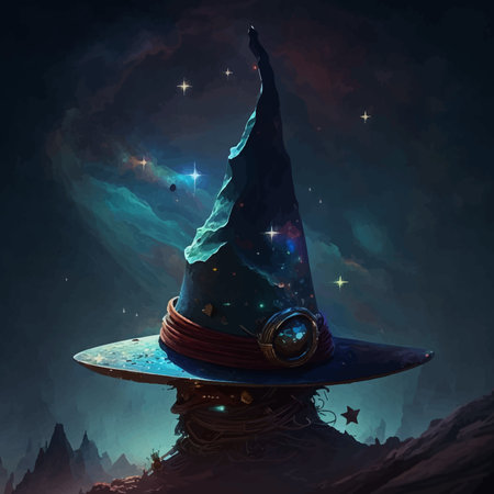 Witch's hat on a dark background. Fantasy magic illustration. Space design. 3d Vector. Imageの写真素材