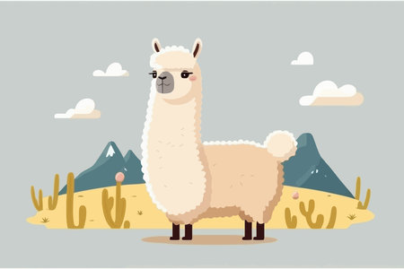 Llama in the desert. Vector illustration in flat style. Cute Cartoon character. Alpaca on the background of cacti and mountainsの写真素材