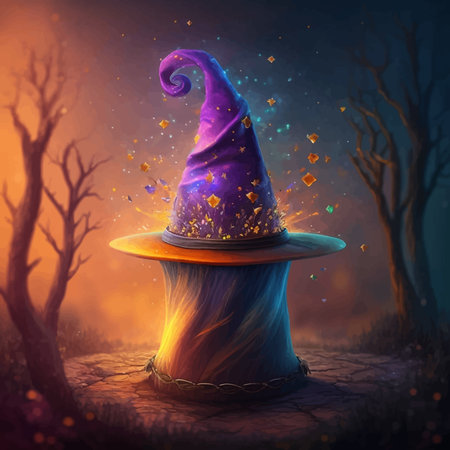 Purple Witch hat in the forest. Halloween background. Fantasy landscape. 3D render. Colorful Magic...