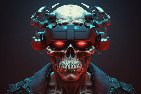 Skull man with virtual reality headset. Glowing red eyes. 3D illustration. Cyberpunk style.