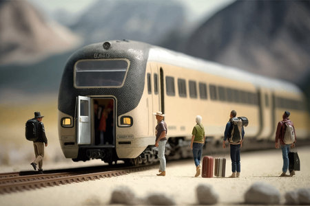 Miniature people with luggage and train. Travel and tourism concept. Colorful 3d vector illustration. Imageの写真素材