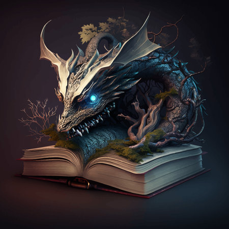 Magic opened book with an old fantasy tree in the shape of a dragon. Wizard's book. Reader's imagination. Dreams. Colorful vector 3d illustration. Image.の写真素材