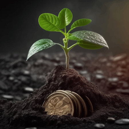 Money growing concept. Business success concept. Plant growing from money. Coin. Gold. Successful savings shown by stack of coins. Welfare growth. Bank deposit. 3d illustrationの写真素材