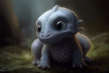 Super cute gray little baby dragon. Fantasy monster in the forest. 3d vector illustration. Image. Digital paintingの写真素材