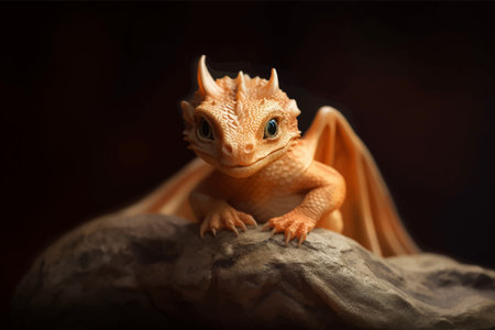 little baby dragon on a rock in the dark, close-up. 3d vector illustration. Image. Digital paintingの写真素材