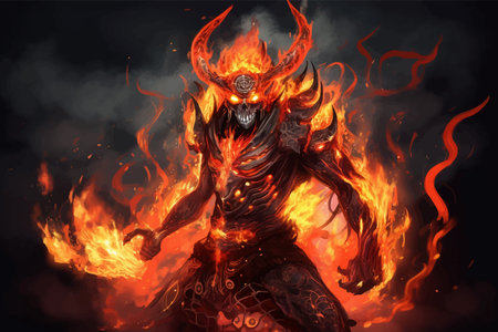 Flaming demon with horns and fire on a black background. The Fire Lord. Lord of Hell. 3d vector illustration. Digital drawingの写真素材