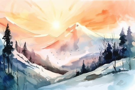 Winter mountain landscape. Sunrise. Watercolor painting. Digital art. Vector illustration.の写真素材