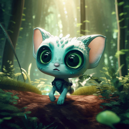 Super cute alien creature with big eyes is running through the forest. Fantasy Kitten. Fairy...