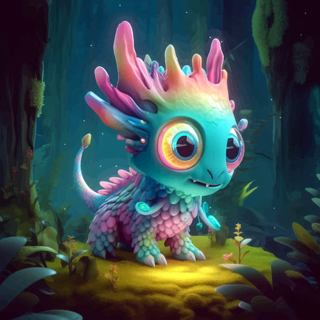 Cartoon monster in the forest. Super Cute little rainbow colored character. Funny dragon with big eyes. Fantasy. 3D vector. Image. Digital Illustration for children's design.の写真素材