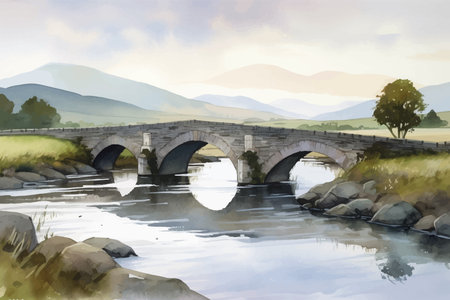 Landscape with a stone bridge over a river on background of hills in the countryside.  Watercolor illustration. Image. Digital painting.の写真素材