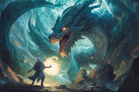 Wizard and huge dragon. Fantasy scene in the cave. Battle of a magician with a mythical creature. Fight against monster. Combat. 3D vector illustration. Image. Digital painting.の写真素材