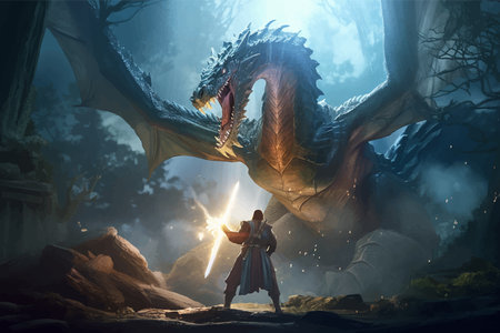 Wizard and huge dragon. Fantasy scene in the cave. Battle of a magician with a mythical creature. Fight against monster. Combat. 3D vector illustration. Image. Digital painting.の写真素材