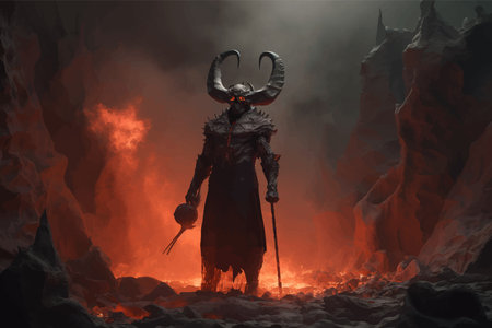 Ruler of the Underworld and hell - a powerful leader of the dark realm. Fiery Lord - a cruel creature, commanding an army. Dark Master - a sinister figure, controlling darkness.の写真素材