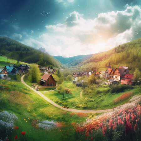 Small village in the mountains. Peaceful summer landscape featuring a blooming village meadow with green grass, a curved dirt road, and mountains in the distance. Digital painting.の写真素材