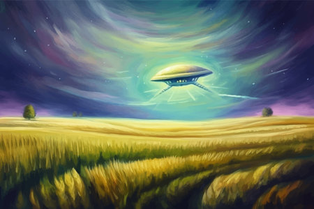 Alien flying saucer over a wheatfield at night. UFO Sighting Over the Fields. Fantasy landscape. 3D vector illustration. Image. Digital painting.の写真素材