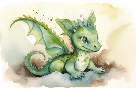 Cute little green dragon. Fantasy creature. Cartoon character. Watercolor. 3D vector illustration. Image. Digital painting.の写真素材
