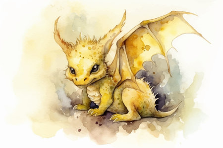 Cute little yellow dragon. Fantasy creature. Cartoon character. Watercolor. 3D vector illustration. Image. Digital painting.の写真素材