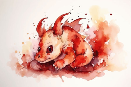 Cute baby Little red dragon. Fantasy creature. Cartoon character. Watercolor. 3D vector illustration. Image. Digital painting.の写真素材