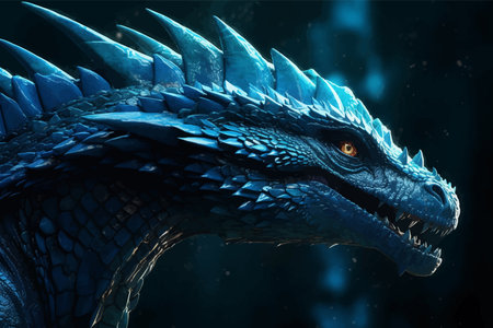 Head of blue fantasy dragon. Mythological creatures. Fantastic monster. Ancient reptile. Dark background. 3D vector illustration. Image. Digital painting.の写真素材