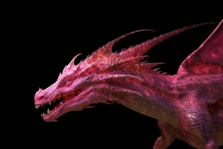 Head of Pink fantasy dragon. Mythological creatures. Fantastic monster. Ancient reptile. Dark background. 3D vector illustration. Image. Digital painting.の写真素材
