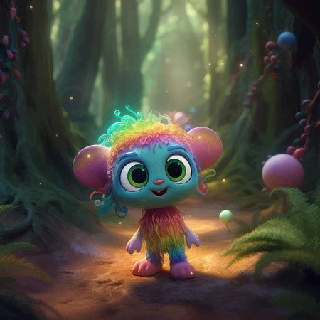 Super Cute little rainbow colored monster in the forest. Funny cartoon character with big eyes. Fantasy. 3D vector illustration. Image. Digital painting.の写真素材