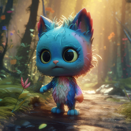 Super Cute little rainbow colored kitty in the forest. Funny cartoon character cat with big eyes. Fantasy. 3D vector illustration. Image. Digital painting.の写真素材