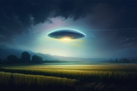 Alien flying saucer over a wheatfield at night. UFO Sighting Over the Field. Fantasy landscape. 3D vector illustration. Image. Digital painting.の写真素材