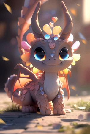 Super Cute little baby dragon. Funny cartoon character monster with big eyes. Fantasy. Fairy tale. 3D illustrationの写真素材