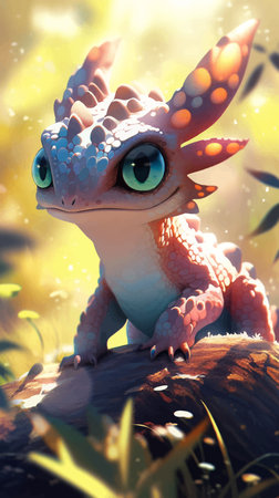 Super Cute little baby dragon is sitting on a rock. Funny cartoon character monster with big eyes. Fantasy. Fairy tale. 3D vector illustration. Image. Digital painting.の写真素材